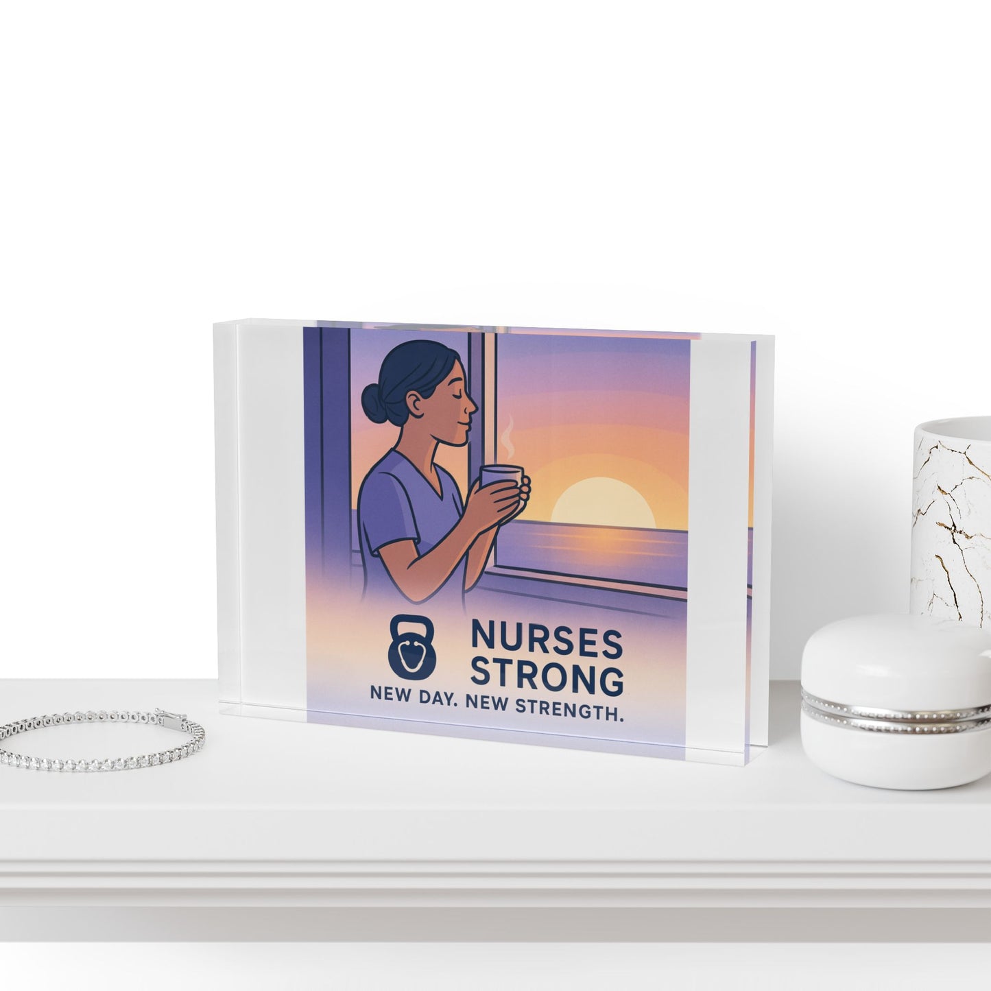 New day, New Strength. Nurses Strong Photo Block | Inspirational Desk Decor for Healthcare Heroes, Gifts for Nurses, Motivational Wall Art