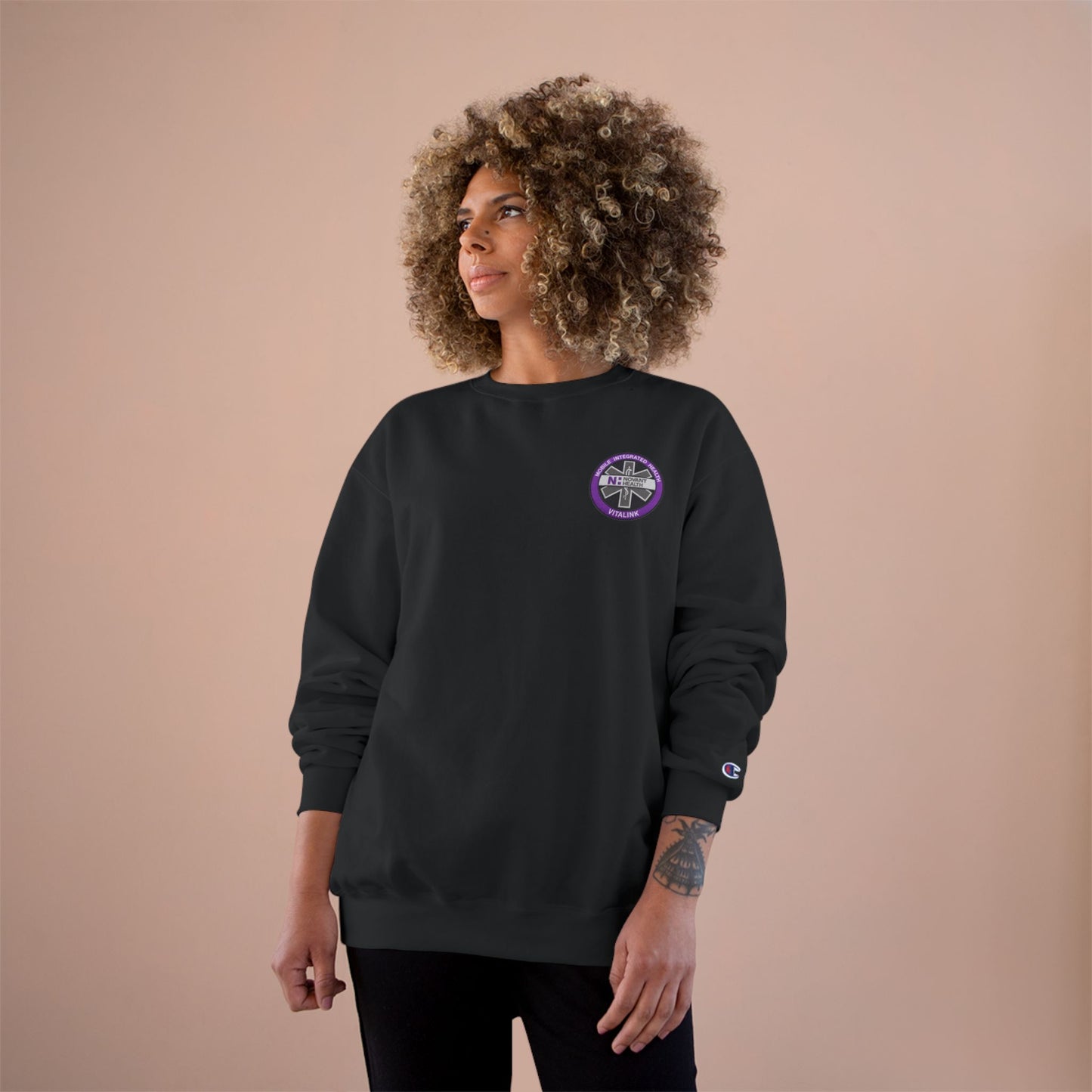 Champion Sweatshirt with Purple Crest Logo — Casual Crewneck Pullover