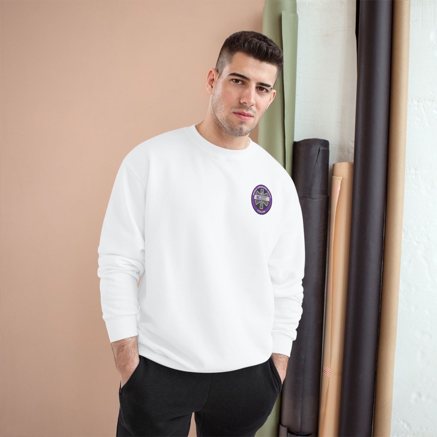 Champion Sweatshirt with Purple Crest Logo — Casual Crewneck Pullover