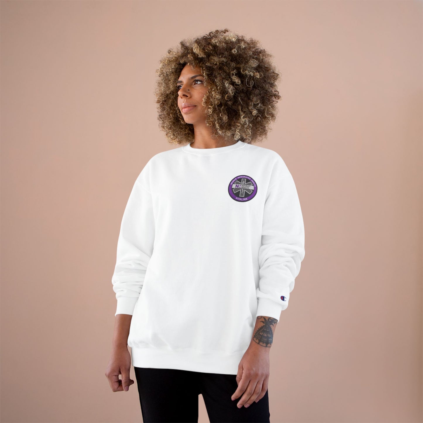 Champion Sweatshirt with Purple Crest Logo — Casual Crewneck Pullover