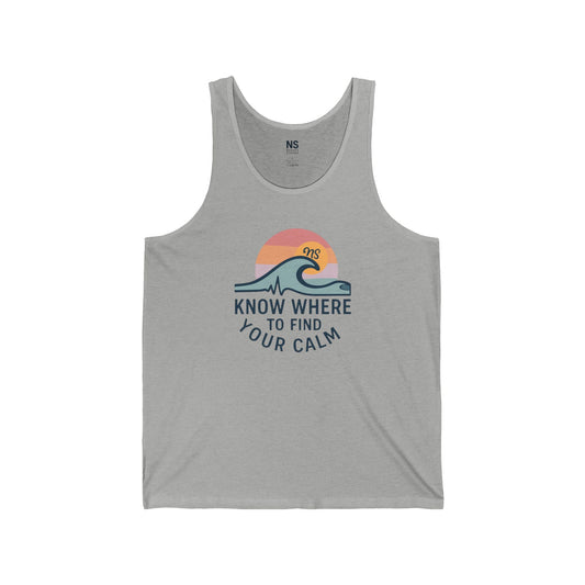 Calm Vibes Unisex Jersey Tank, Relaxation Wear, Beach Ready Shirt, Mindfulness Apparel, Perfect for Summer & Wellness Events