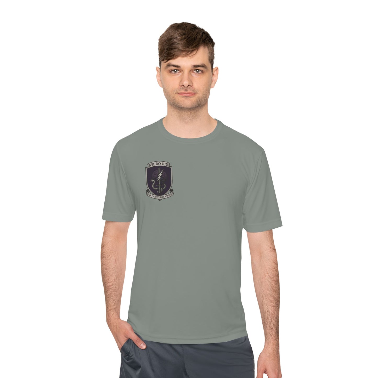 NeuroICU Sigil-Wicking Unisex Tee with Unique Shield Design, Activewear, Sports Shirt, Gym Top, Gift for Fitness Enthusiasts