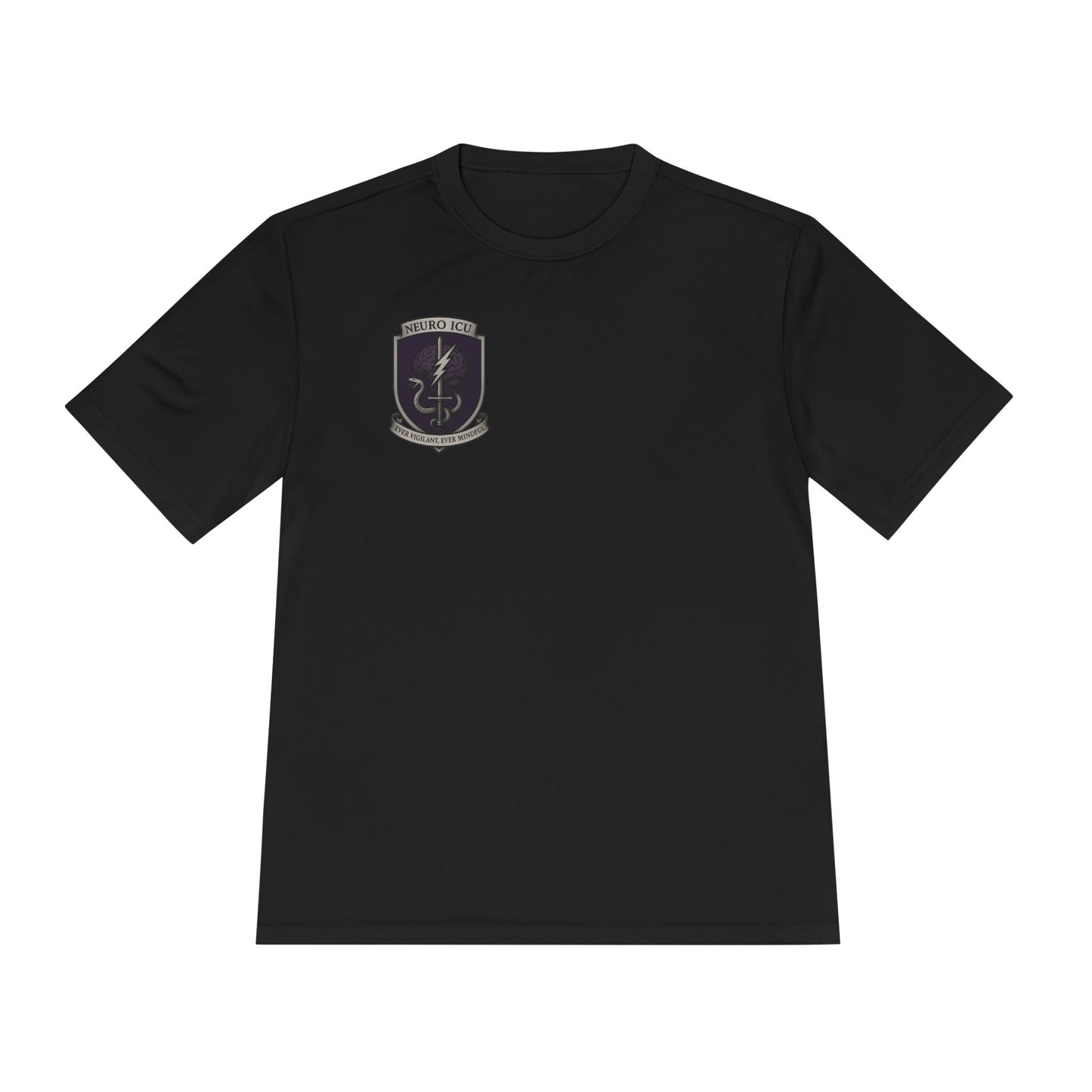 NeuroICU Sigil-Wicking Unisex Tee with Unique Shield Design, Activewear, Sports Shirt, Gym Top, Gift for Fitness Enthusiasts
