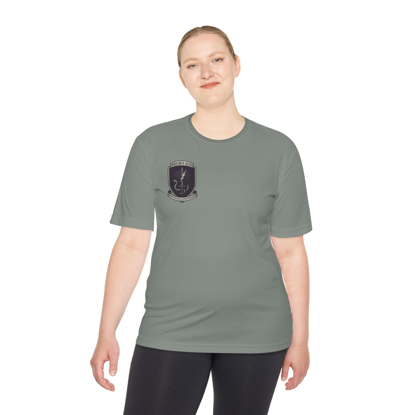 NeuroICU Sigil-Wicking Unisex Tee with Unique Shield Design, Activewear, Sports Shirt, Gym Top, Gift for Fitness Enthusiasts