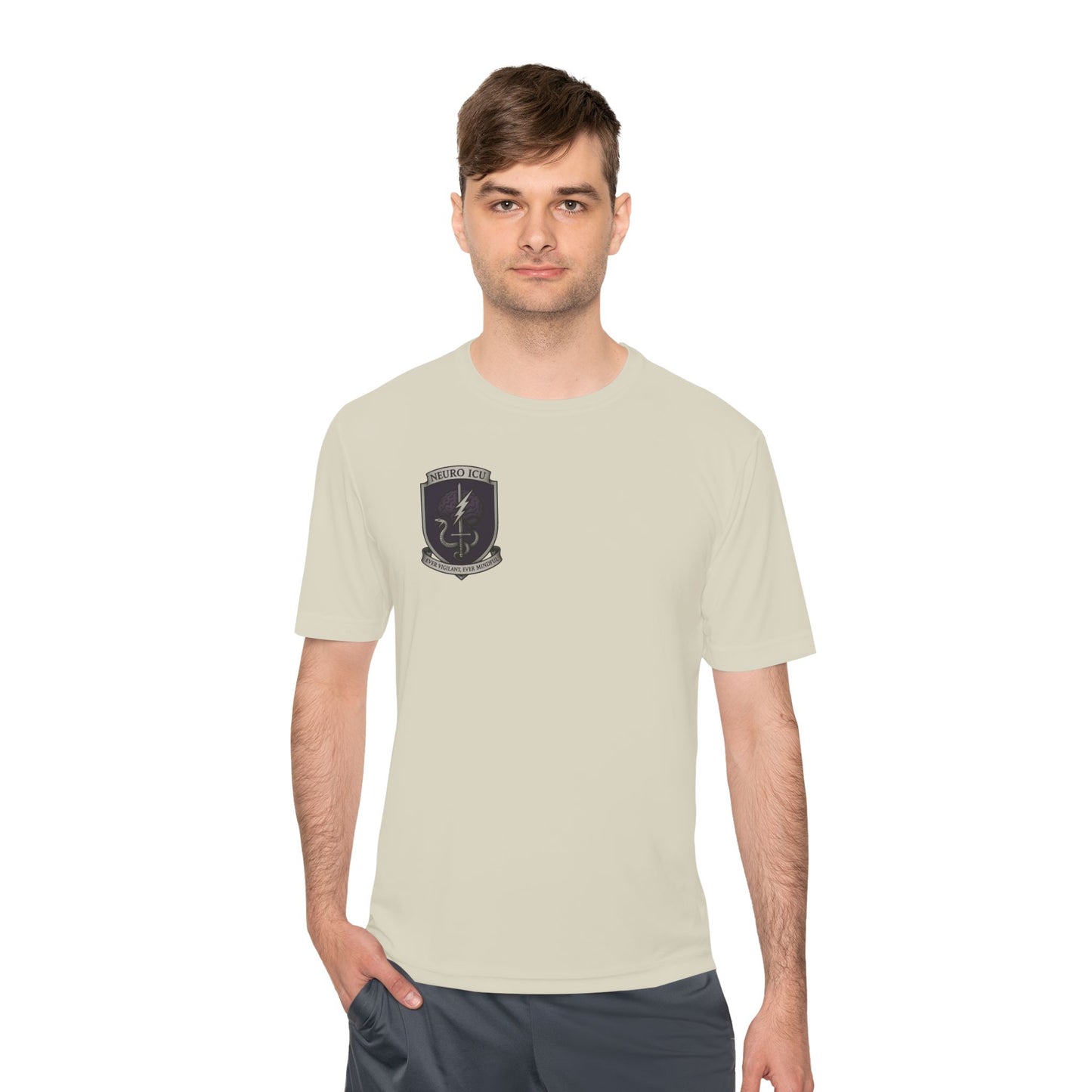 NeuroICU Sigil-Wicking Unisex Tee with Unique Shield Design, Activewear, Sports Shirt, Gym Top, Gift for Fitness Enthusiasts