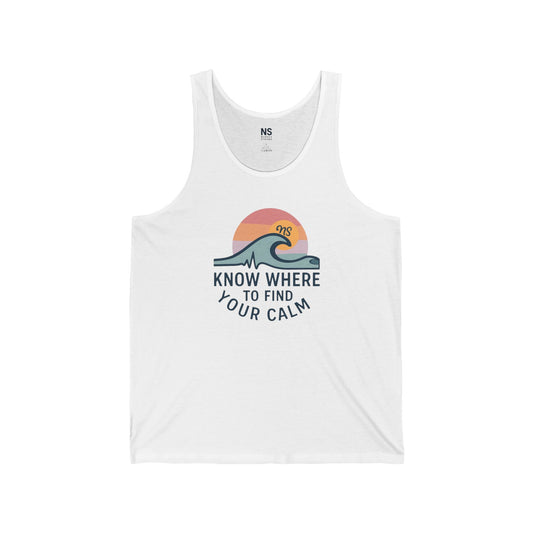 Calm Vibes Unisex Jersey Tank, Relaxation Wear, Beach Ready Shirt, Mindfulness Apparel, Perfect for Summer & Wellness Events