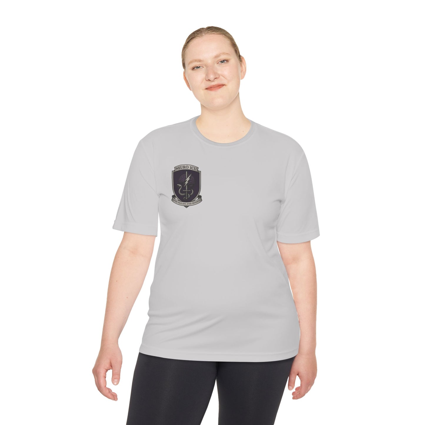 NeuroICU Sigil-Wicking Unisex Tee with Unique Shield Design, Activewear, Sports Shirt, Gym Top, Gift for Fitness Enthusiasts