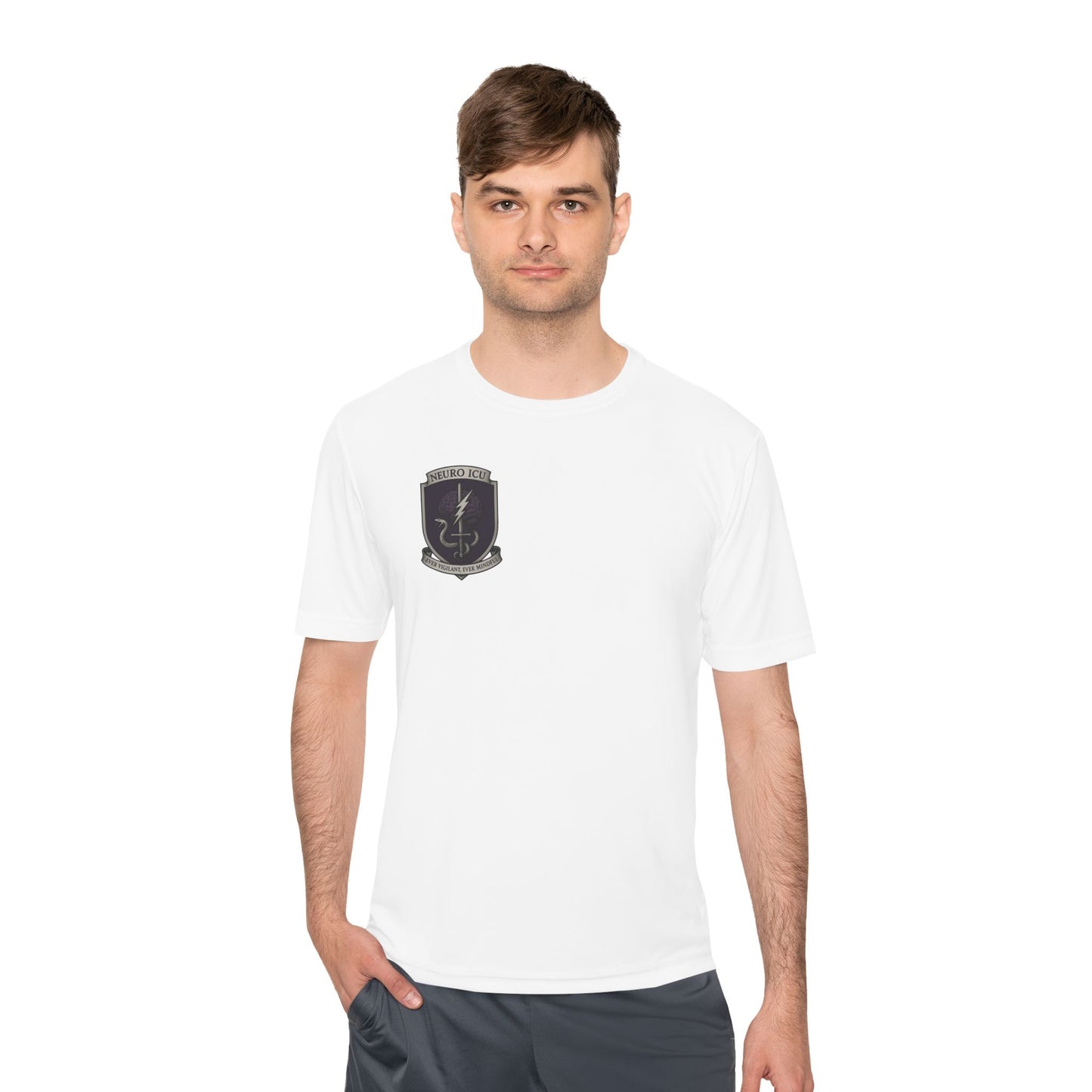 NeuroICU Sigil-Wicking Unisex Tee with Unique Shield Design, Activewear, Sports Shirt, Gym Top, Gift for Fitness Enthusiasts