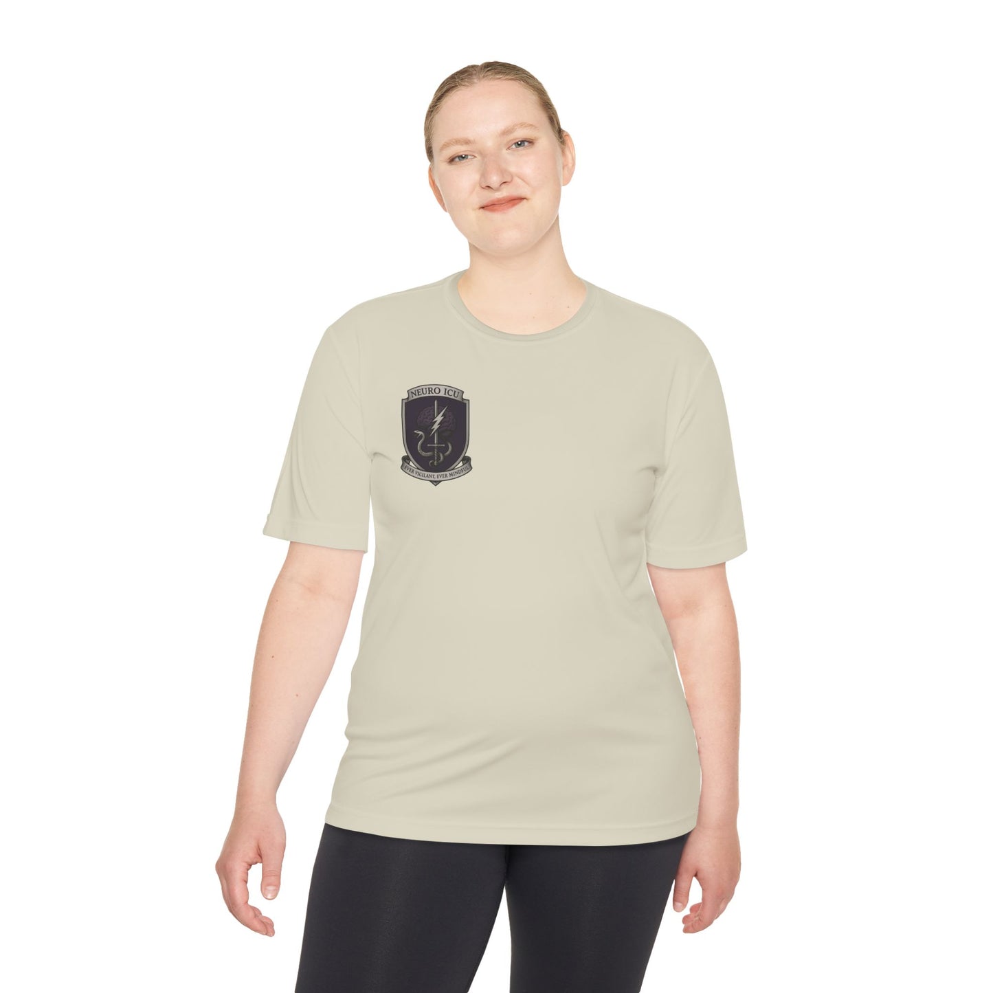 NeuroICU Sigil-Wicking Unisex Tee with Unique Shield Design, Activewear, Sports Shirt, Gym Top, Gift for Fitness Enthusiasts